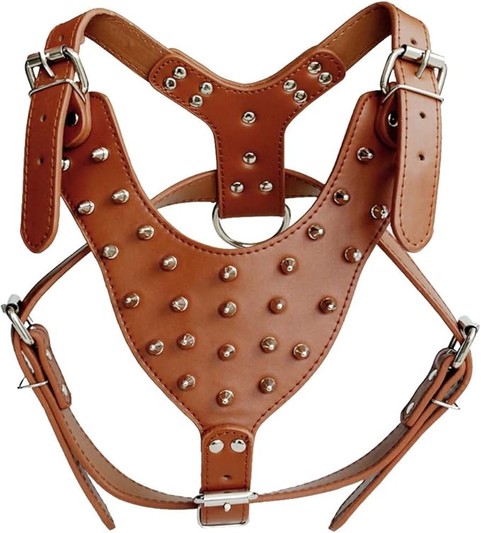 XL Tan Leather Dog Harness with Metal Spikes