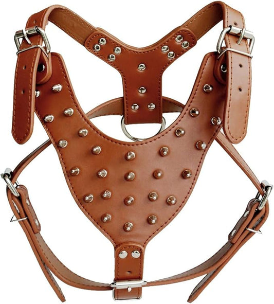 XL Tan Leather Dog Harness with Metal Spikes