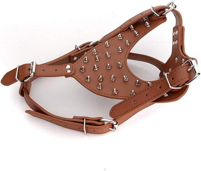 XL Tan Leather Dog Harness with Metal Spikes
