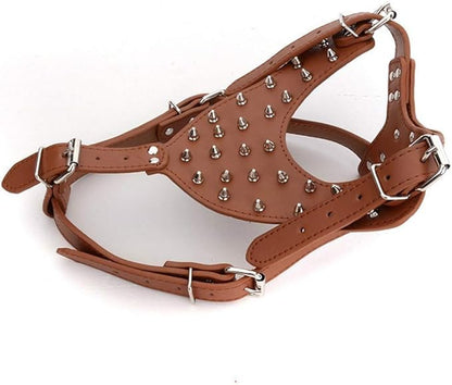 XL Tan Leather Dog Harness with Metal Spikes