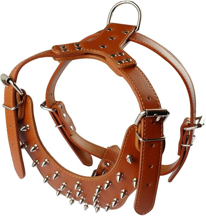 XL Tan Leather Dog Harness with Metal Spikes